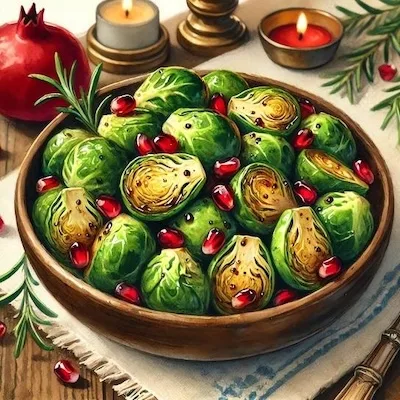 One of the healthy Christmas Receipes: Balsamic Brussels Sprouts with Pomegranate Seeds