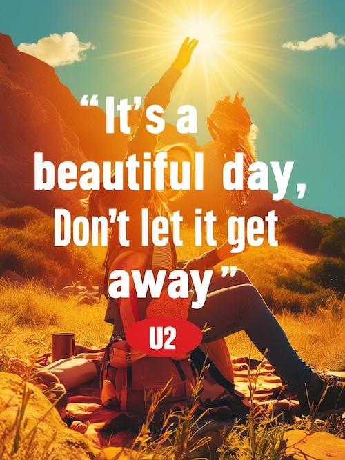 Quote image illustrating the healing power of music, showing two joyful women outdoors under the sun, with the inspirational U2 lyric “It’s a beautiful day, don’t let it get away” radiating warmth and positivity.