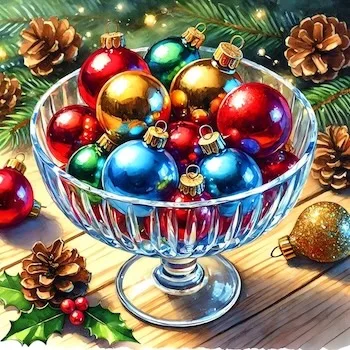A glass bowl filled with colorful Christmas ornaments placed on a wooden table, symbolizing festive decoration as part of Christmas home preparation.