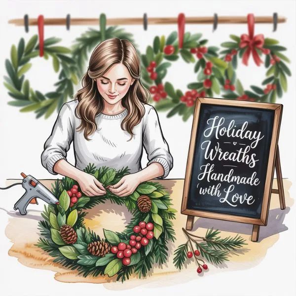 Woman making a Christmas wreath with a sign reading "Holiday Wreaths Handmade with Love" — a cozy festive scene highlighting Christmas crafts to sell.