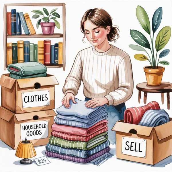 Water color illustraion capturing the process of choosing to declutter before the new year and make extra money from unused items : a woman folding clothes beside labeled boxes marked "Clothes," "Household Goods," and "Sell" in a cozy room — capturing the process of choosing to declutter before the new year and make extra money from unused items.