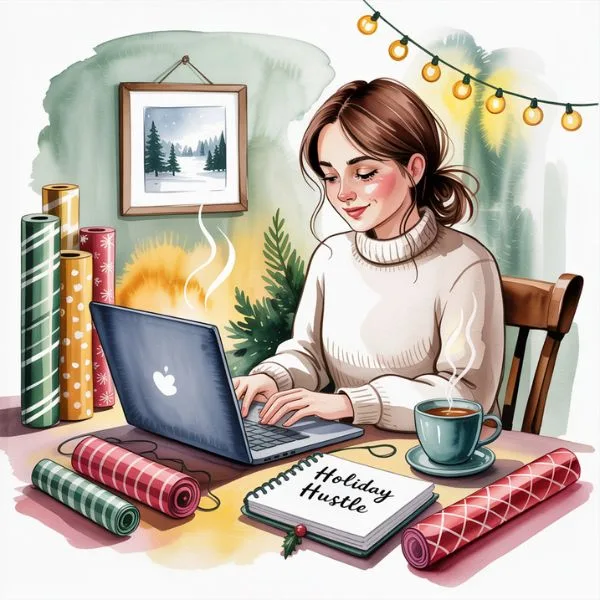 Water color illustration that capturing creative ways to earn extra cash before Christmas from home : a woman working on her laptop at a festive table decorated with gift wrap and holiday lights, with a notebook titled "Holiday Hustle".
