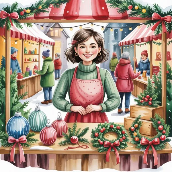 Festive side hustles idea with a woman selling handmade ornaments and wreaths during the holiday season.