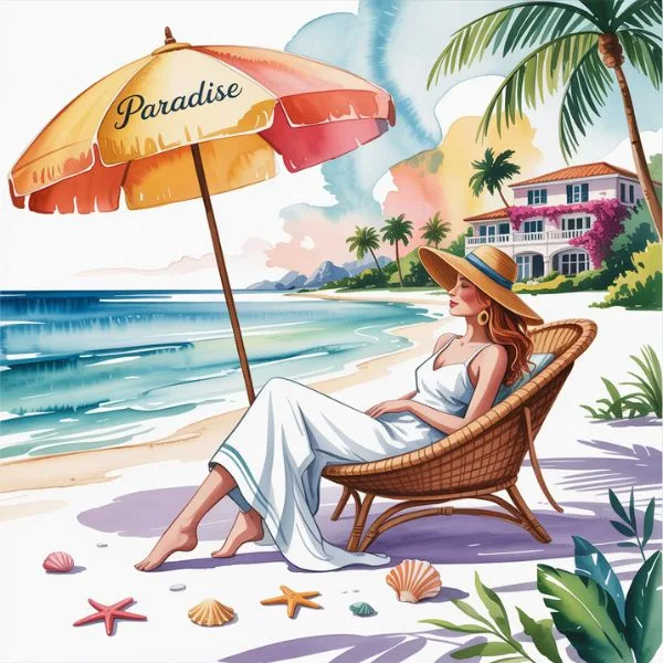 Watercolor-style illustration symbolizing financial freedom for women : a confident woman relaxing on a tropical beach under a parasol labeled "Paradise," showing a dream lifestyle of independence and ease.