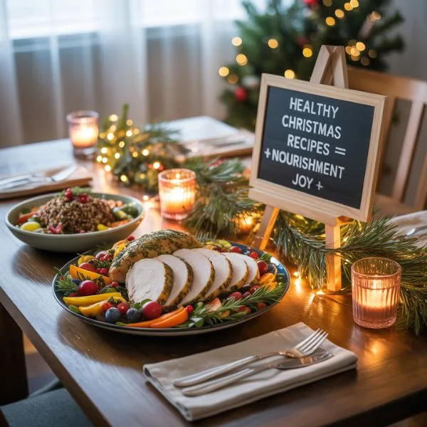 with sliced turkey, fresh vegetables, and grains, with a chalkboard sign reading "Healthy Christmas Recipes = Nourishment + Joy" beside glowing candles and garland.