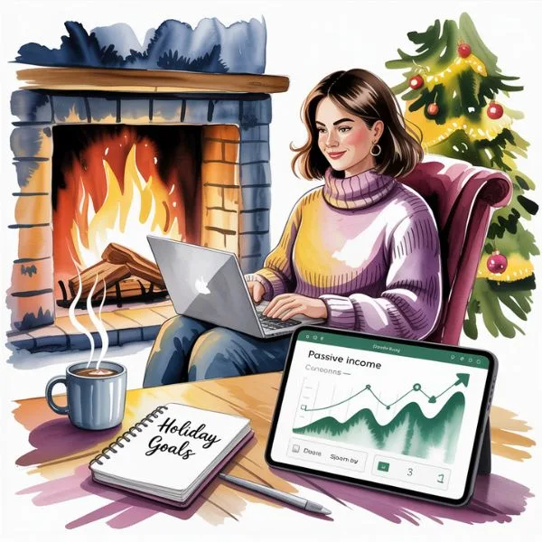 Woman in cozy sweater working on her laptop by the fireplace with a tablet showing passive income growth and a notebook labeled “Holiday Goals”—illustrating holiday passive income ideas.