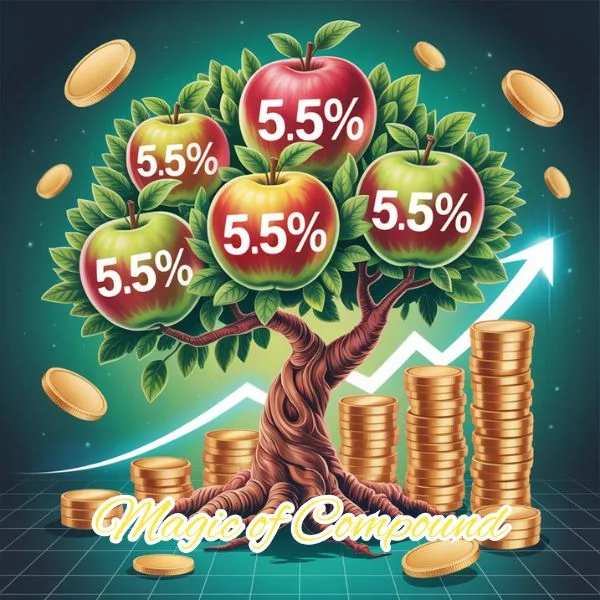 Illustration ymbolizing the magic of compounding in investment growth : a tree bearing apples labeled "5.5%" with golden coin stacks growing beneath it, s