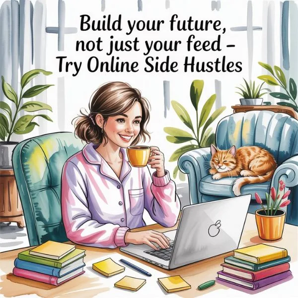 Illustration of a woman working from home on a laptop in cozy pajamas with a cat nearby, surrounded by books and plants, promoting online side hustles.