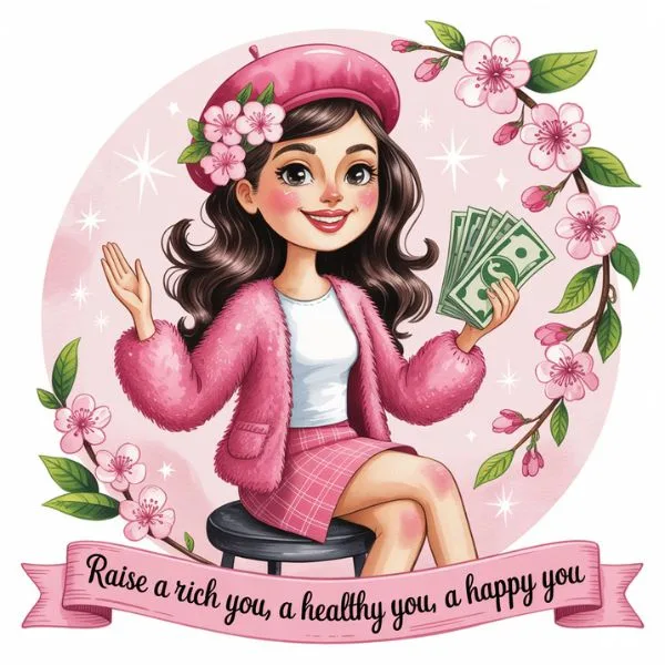 A cheerful young woman in a pink outfit holding money, surrounded by cherry blossoms—symbolizing confidence, abundance, and a self-growth journey.