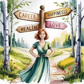 Confident woman standing at a crossroads with signposts for career, health, love, and happiness, symbolizing choosing direction and purpose in life.
