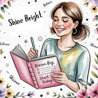 Happy woman writing in a pink notebook with words “Dream Big” and “Start Today,” symbolizing motivation and taking action on life goals.