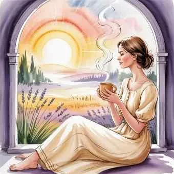 Woman sitting by the window with a cup of coffee, watching the sunrise over a calm field, symbolizing reflection and finding clarity in life direction.
