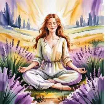 Peaceful woman meditating in a lavender field with golden sunlight, representing mindfulness, intention, and balance in setting life direction.