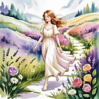 Woman walking barefoot along a flower-filled path, representing confidence, growth, and moving forward toward her life goals.