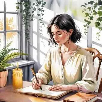 Woman writing in a journal beside a sunny window with plants and candles, representing self-reflection and defining purpose in life.