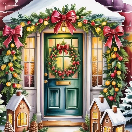 Simple Christmas home decor with a green front door, festive wreath, and garland with red bows.