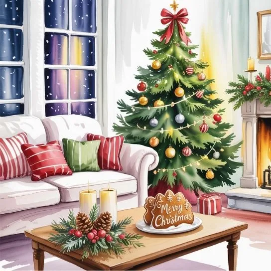 Simple Christmas home decor with a decorated tree, cozy sofa, and festive candles in a living room.