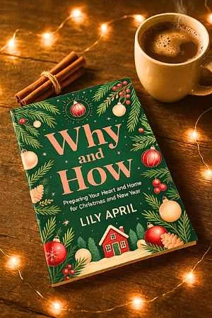 "Why and How to prepare your heart and home for Christmas and New Year "book by Lily April on a rustic table with cocoa and fairy lights, Christmas ambiance