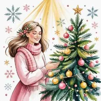 Woman decorating a Christmas tree under golden light—symbolizing awakening to the miracle of Christmas through mindfulness, gratitude, and self-growth.