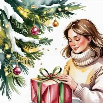 Woman holding a wrapped gift beside a decorated Christmas tree—representing the harmony of blending self-growth with holiday traditions and mindful giving.