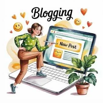 Illustration of a woman writing a blog post on a laptop, showing blogging as a creative side hustle for stay-at-home moms.
