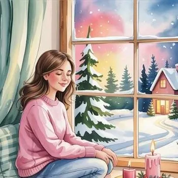 Woman meditating by a snowy Christmas window with candles—symbolizing Christmas as a time for transformation, reflection, and self-growth.