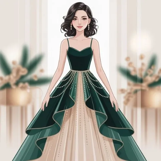 Elegant woman in a glamorous green holiday gown – Christmas fashion tips for festive style.
