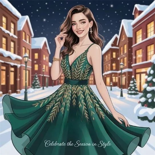 Elegant woman in a green festive dress posing on a snowy street, showcasing stylish Christmas outfit ideas for the holiday season