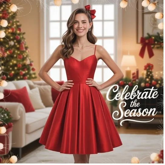 Smiling woman in a red Christmas dress standing in a festive living room, showcasing beautiful Christmas outfit ideas.