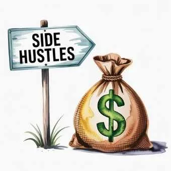 Illustration of a money bag beside a sign reading “Side Hustles” — representing financial growth and the conclusion of how to start a side hustle.