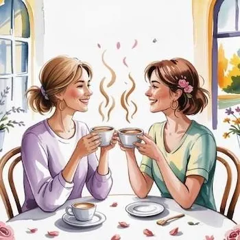Two women smiling and enjoying coffee together, symbolizing the importance of setting healthy friendship boundaries — friendship spring cleaning and relationship growth