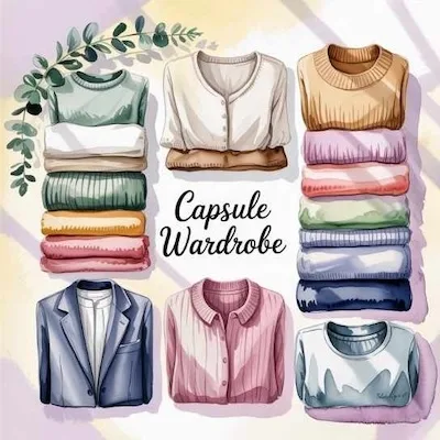 Watercolor illustration of neatly folded minimalist clothing labeled “Capsule Wardrobe” — showing practical steps to begin your journey in sustainable fashion.