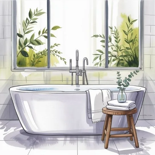Minimalist bathroom with bathtub, greenery, and natural light – home minimalist guide.
