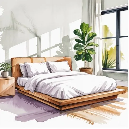 Minimalist bedroom with clean lines, white bedding, and indoor plants – home minimalist guide.