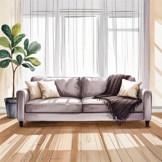 Cozy minimalist living room with sofa, throw blanket, and natural light – home minimalist guide