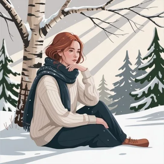 Thoughtful woman sitting in snowy forest — how to reflect on your 20s and plan meaningful goals for the future.