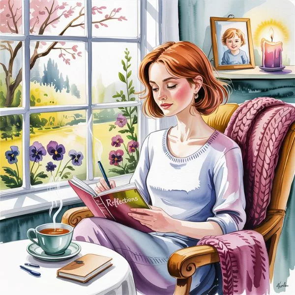 Watercolor illustration of a woman in her 30s sitting by a bright spring window, journaling in a notebook titled “Reflections” with a cup of tea nearby—symbolizing how to reflect on your 30s with calm and clarity