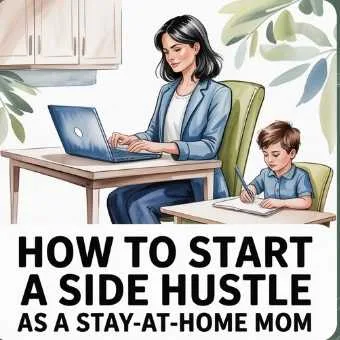 Stay-at-home mom working on a laptop with her child nearby, symbolizing how to start a side hustle for stay-at-home moms.