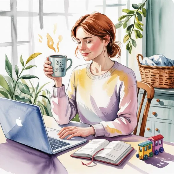 Watercolor illustration capturing how to work productively while juggling daily responsibilities: a woman working from home with a laptop, planner, and coffee mug that says "Rise & Shine." A laundry basket and toddler toy in the background reflect real-life multitasking—capturing how to work productively while juggling daily responsibilities.