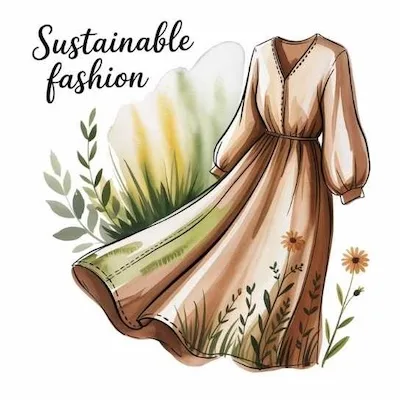 Illustration of a long eco-friendly dress with floral patterns representing key principles of sustainable fashion such as ethical design and mindful production.