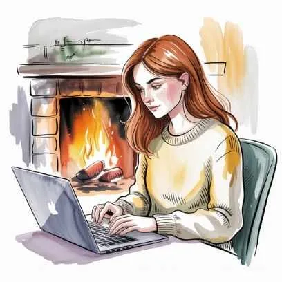 Woman working on laptop beside a cozy fireplace—symbolizing dedication, focus, and the launch and promotion stage in how to start a side hustle.