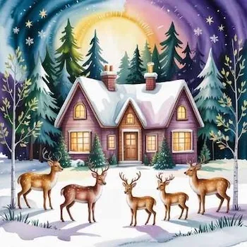 Watercolor winter cottage under a starlit sky with reindeer—illustrating the midnight symbolism of Christmas Eve as a moment of inner peace, renewal, and self-growth.