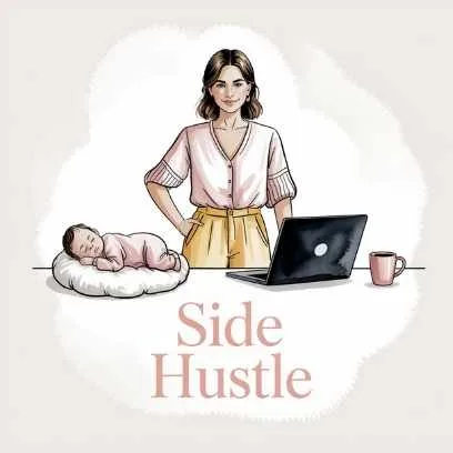 Mother balancing baby care and laptop work—showing real-life example of how to start a side hustle from home with time management skill.