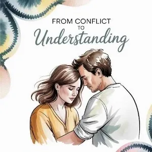 Couple embracing gently with text “From Conflict to Understanding,” symbolizing real-life examples and solutions for how to handle relationship conflict with compassion and growth.