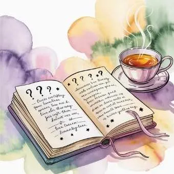 A soft watercolor illustration of an open journal with question marks and gentle pastel details, symbolizing how to reflect on your 30s through guided Q&A prompt.