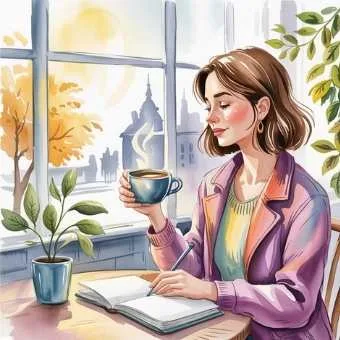A soft watercolor illustration of a woman in her 30s journaling alone in a cozy café, reflecting on her life and dreams — capturing how to reflect on your 30s when navigating single life