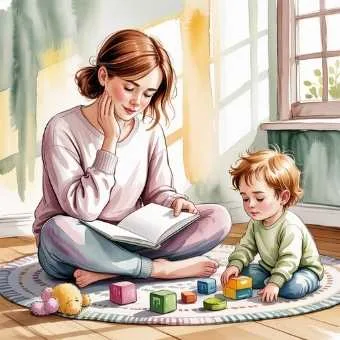 A warm watercolor illustration of a mother in her 30s reflecting quietly with a journal while caring for her young child — showing how to reflect on your 30s and navigate the challenges of busy parenting years.