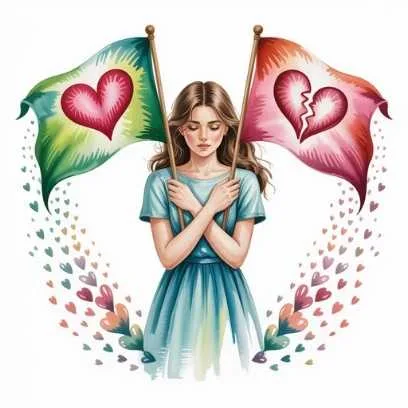 Woman holding two flags with heart symbols—one whole and one broken—representing the psychology and science behind communication patterns in modern dating.