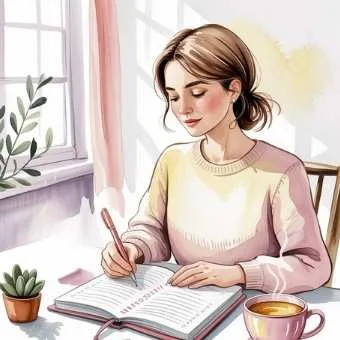 A soft watercolor illustration of a woman in her 30s writing New Year goals in her journal, symbolizing how to reflect on your 30s and set meaningful intentions for the year ahead.