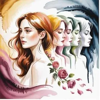 Watercolor illustration of five women in different tones representing emotional stages — symbolizing self-awareness and boundaries in friendship
